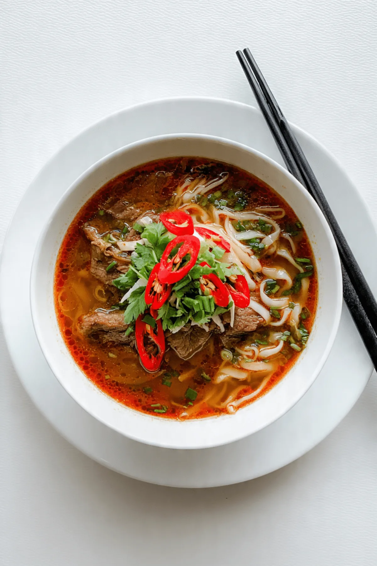 ชามก๋วยเตี๋ยวเนื้อวางบนจานรองสีขาว ถ่ายจากด้านบน