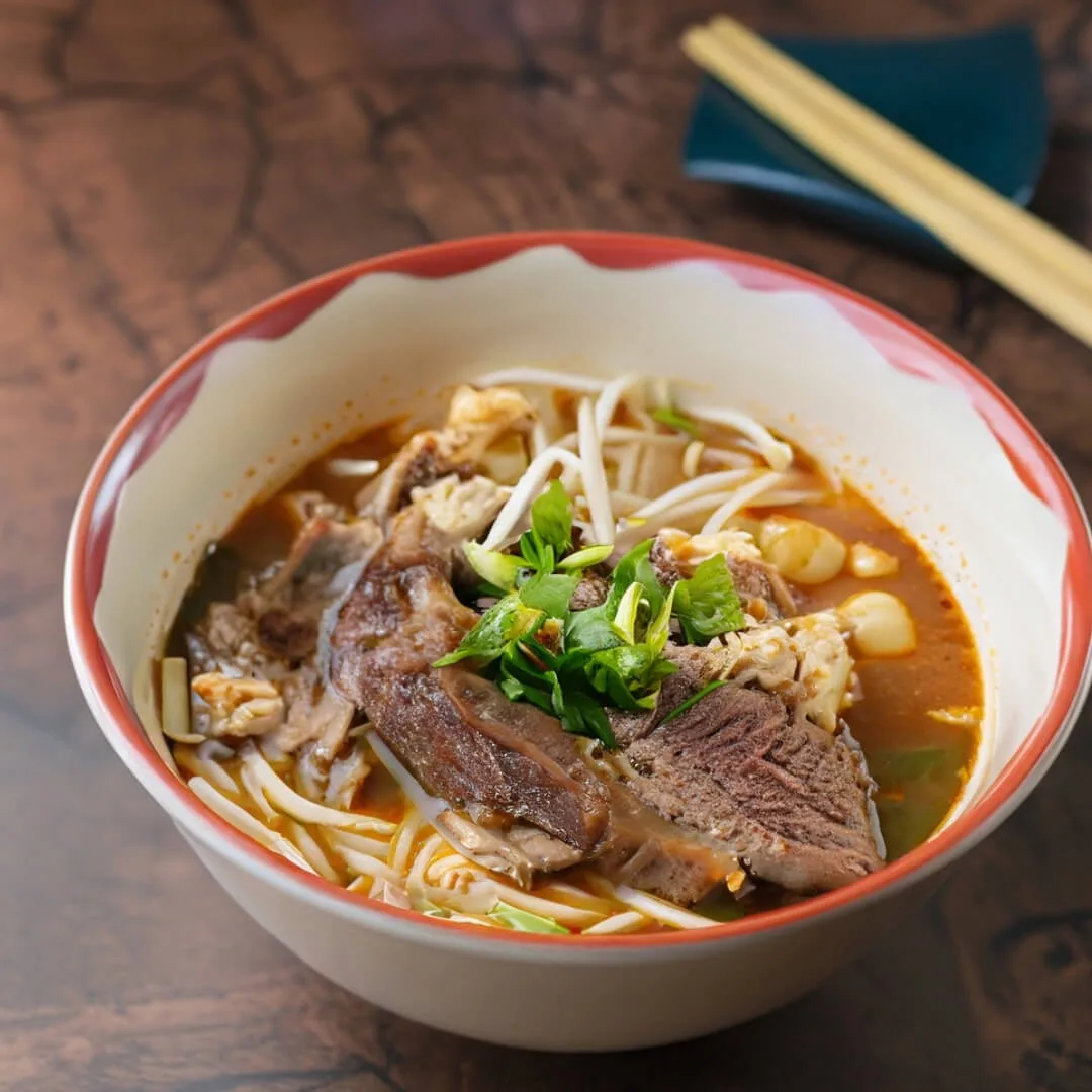 ชามก๋วยเตี๋ยวเนื้อรวมมิตร มีทั้งเนื้อเปื่อยและเนื้อสด โรยผักชี