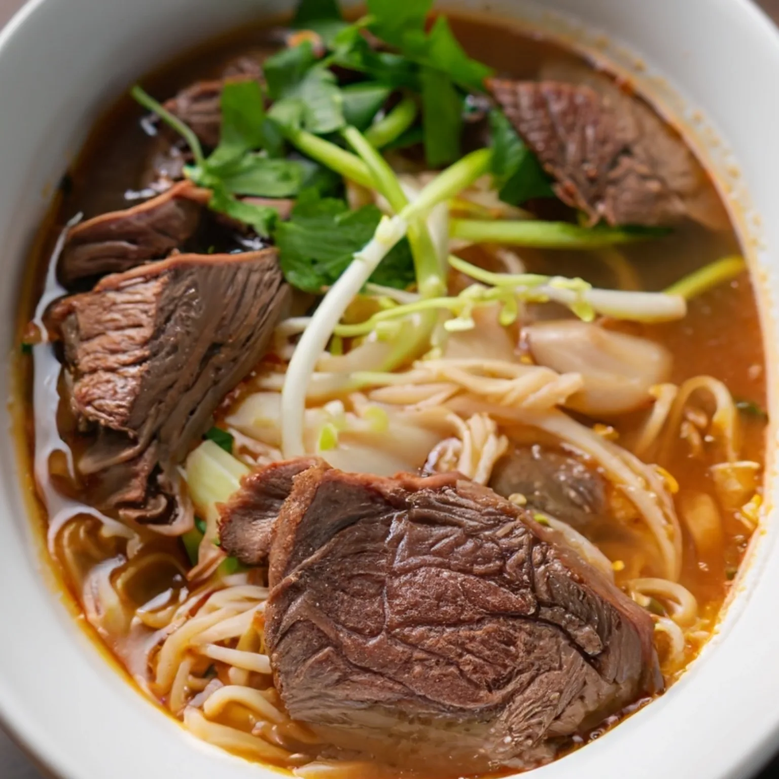 ชามก๋วยเตี๋ยวเนื้อตุ๋นชิ้นใหญ่ในน้ำซุปสีน้ำตาลเข้ม